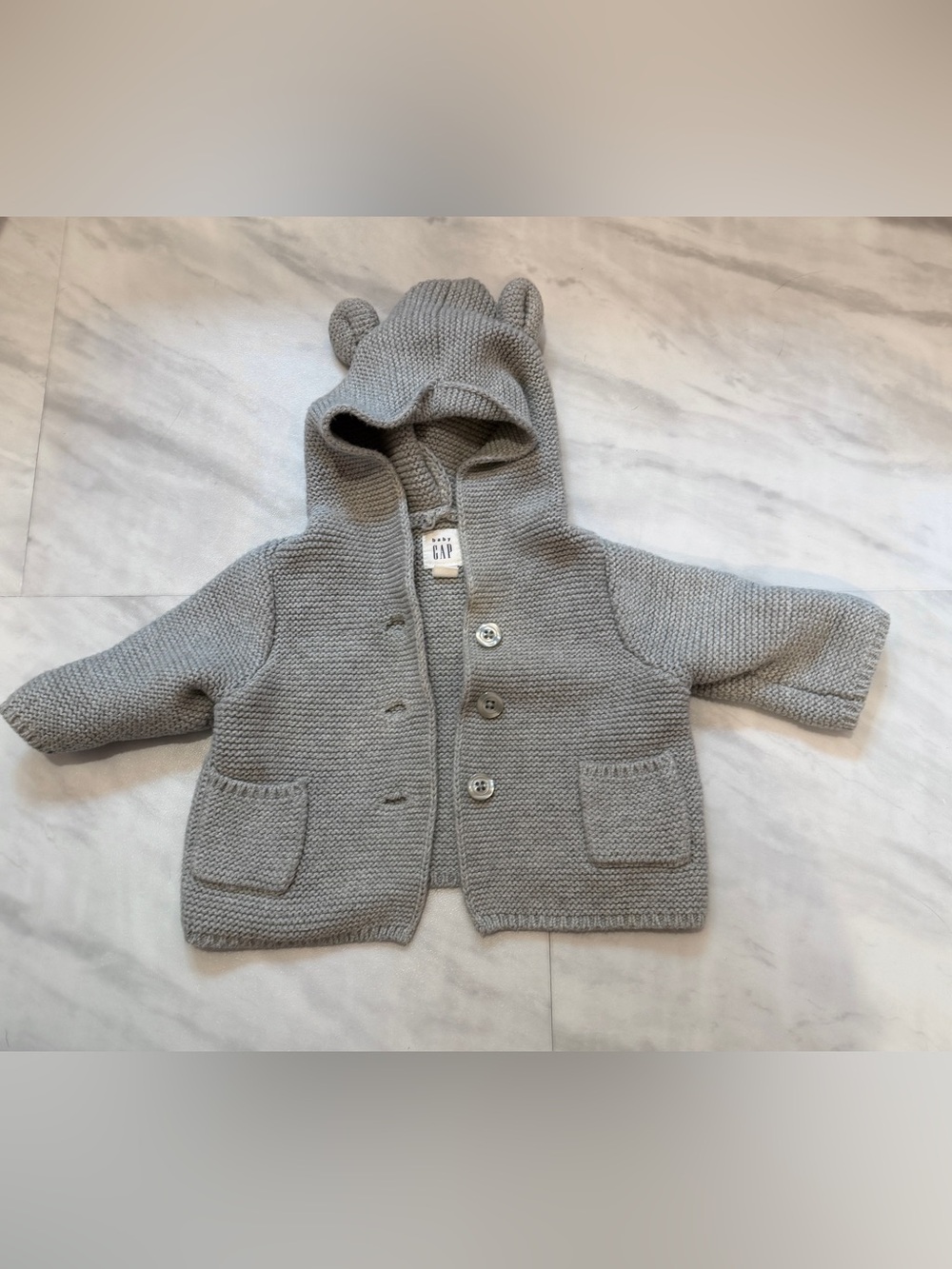 Baby Gap gray bear hood cardigan sweater size 0-3 mos